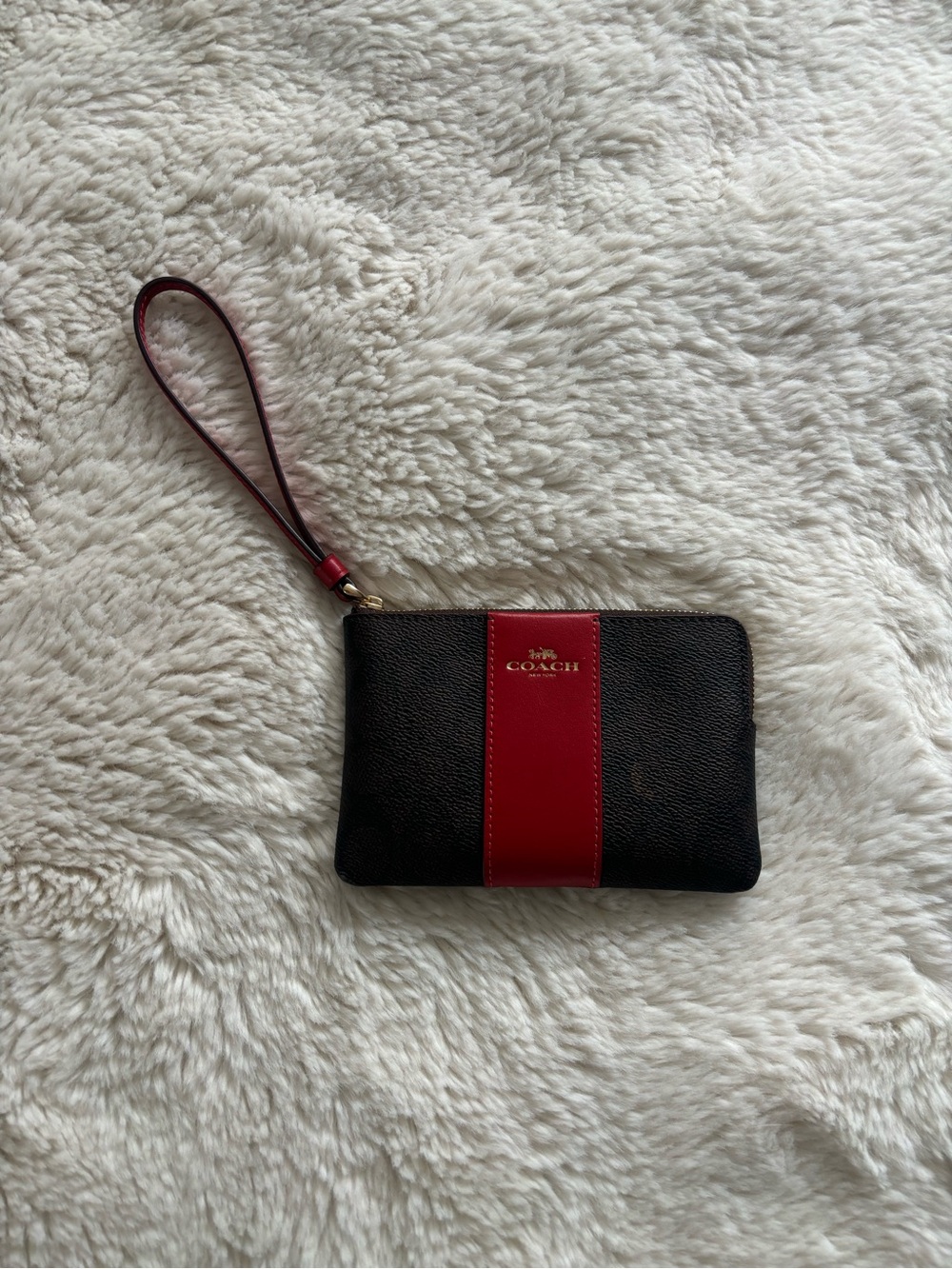 NWT Coach Corner Zip Wristlet in Signature Canvas Brown and Red Leather